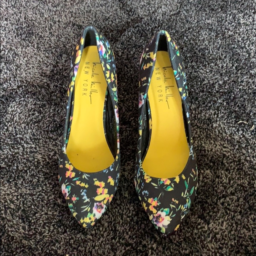 Black flower print high heels